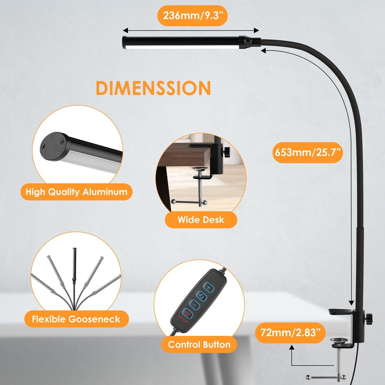 LED Desk lamp with Clamp, Eye-Caring Clip Lights for Home Office, 3 Colors Full Brightness, Flexible Gooseneck USB Adapter Table Lamp, Black